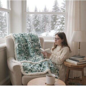 Faux Fur Green White Plush Throw Blanket 50" X 60" Cozy Winter